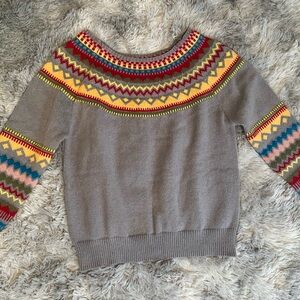 Source Unknown Taupe Crewneck Sweater with Multicolor Fair Isle Yoke